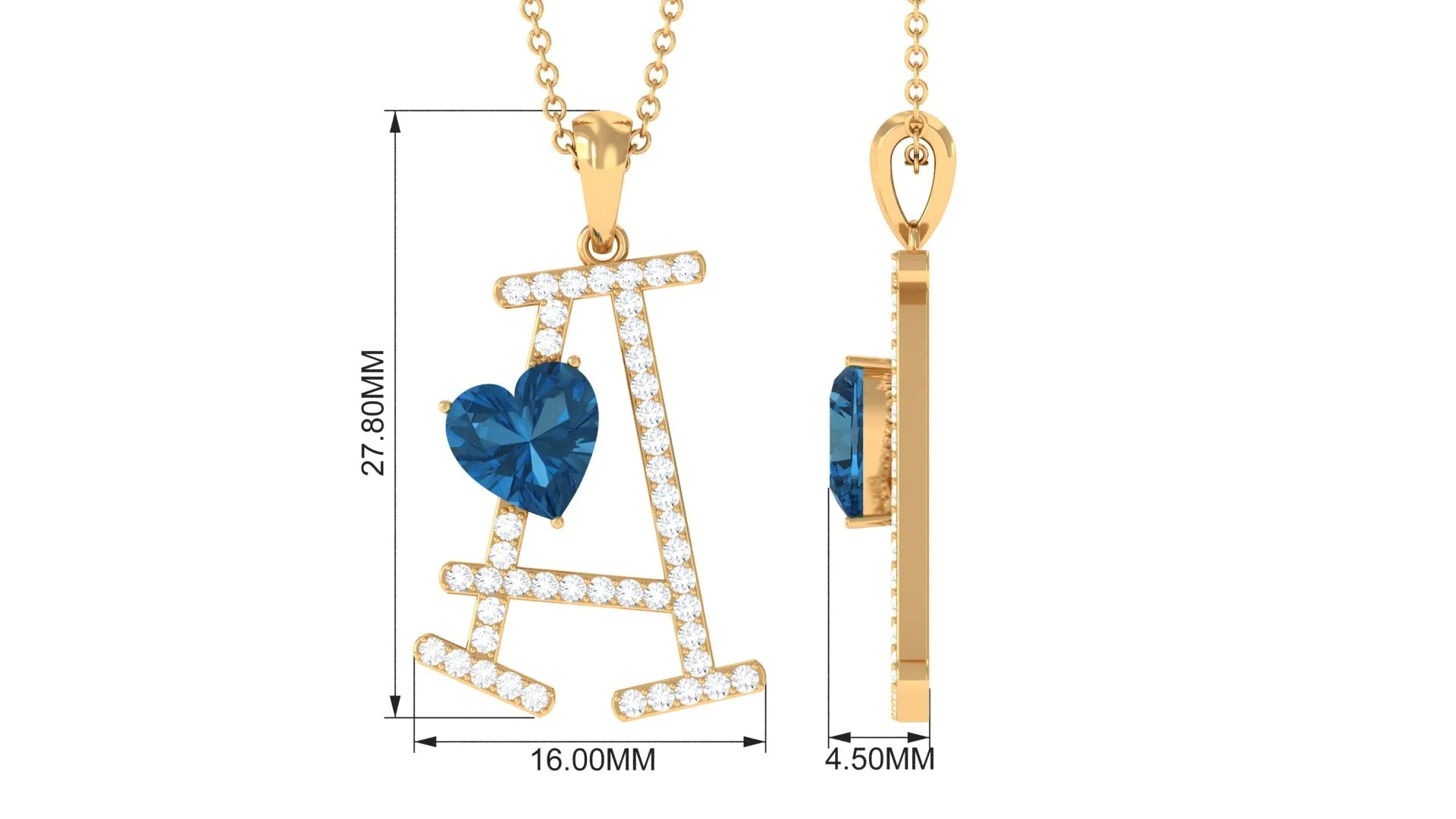 Heart Initial A Pendant with London Blue Topaz and Diamond