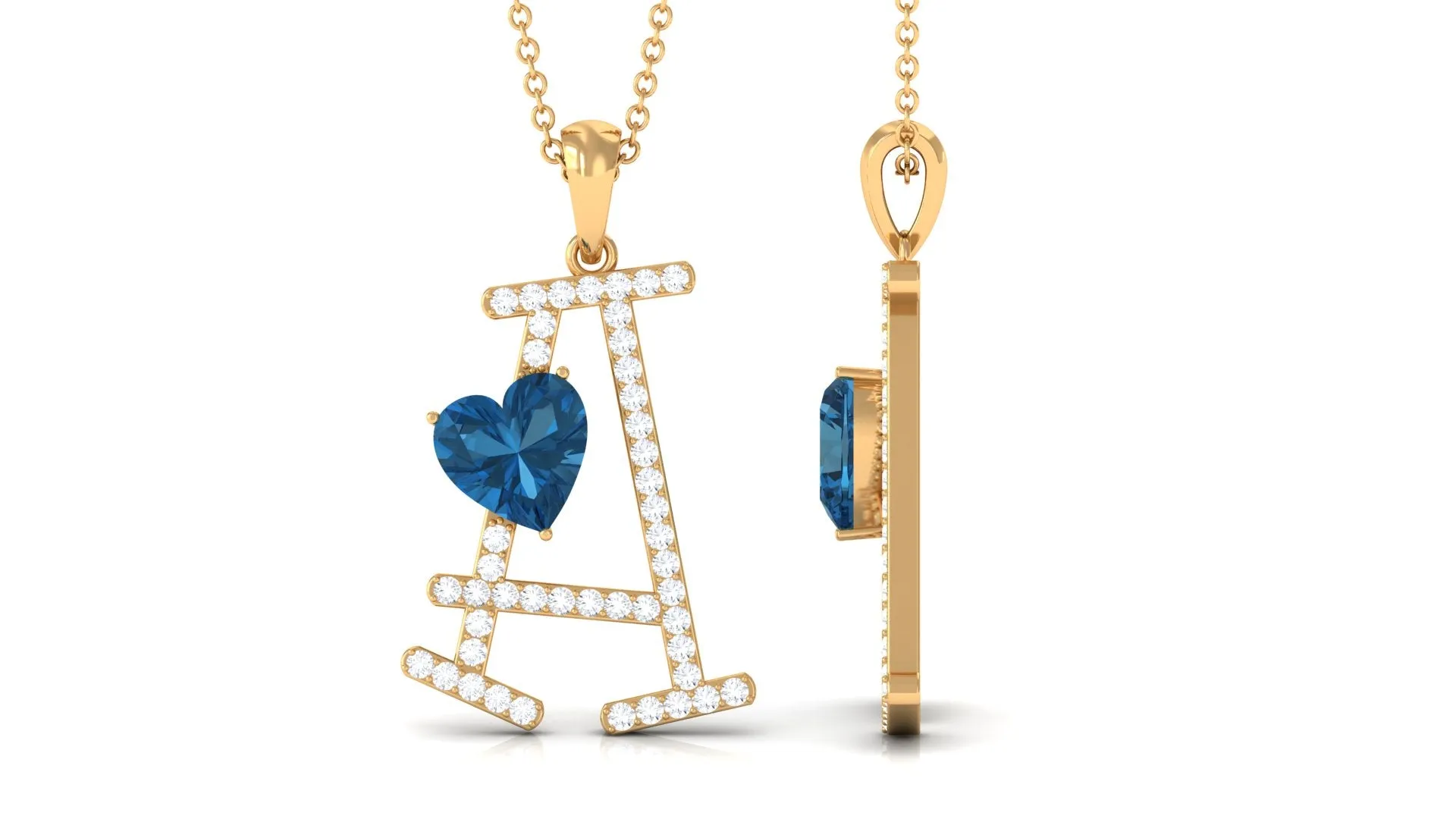 Heart Initial A Pendant with London Blue Topaz and Diamond