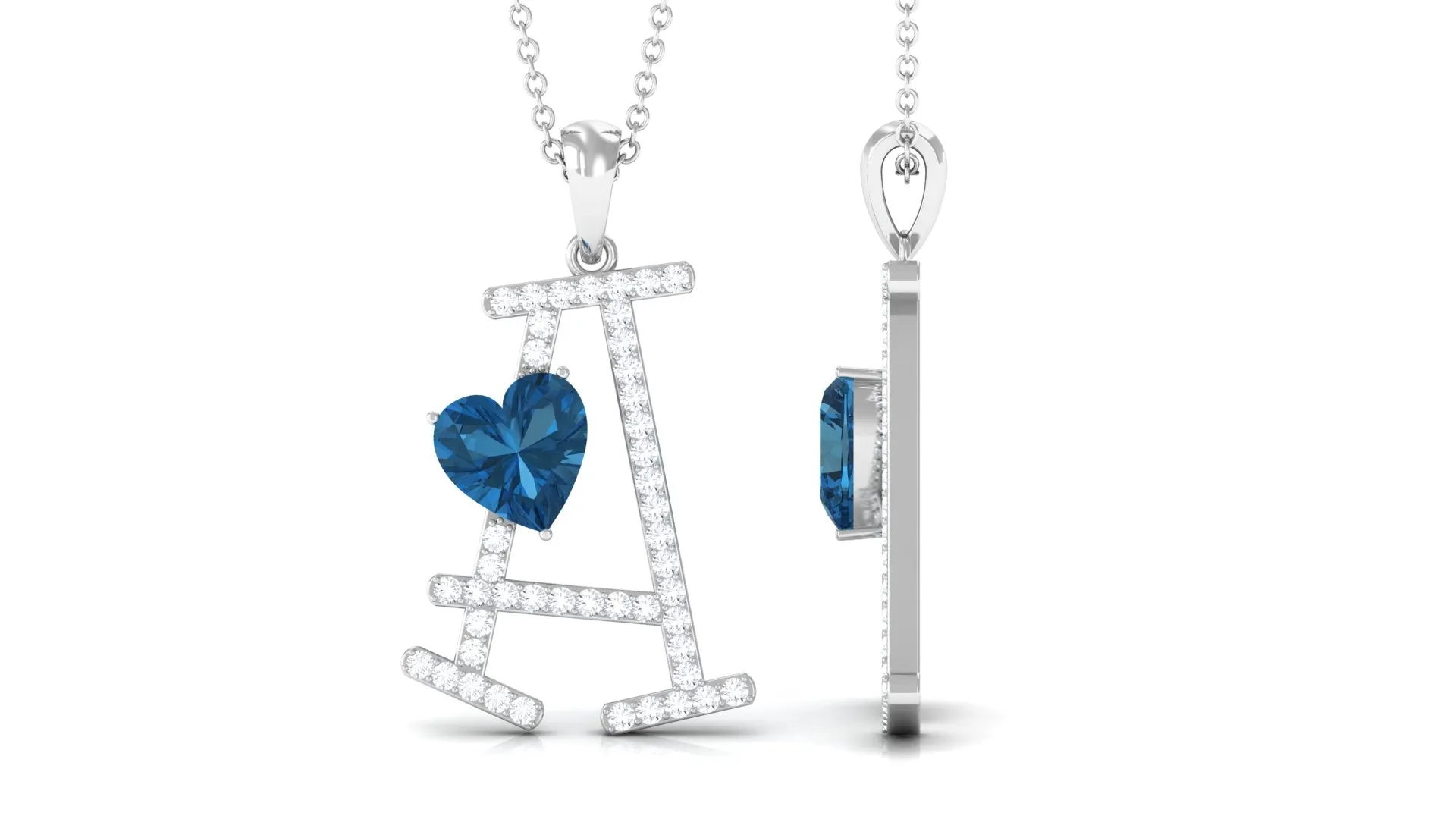 Heart Initial A Pendant with London Blue Topaz and Diamond