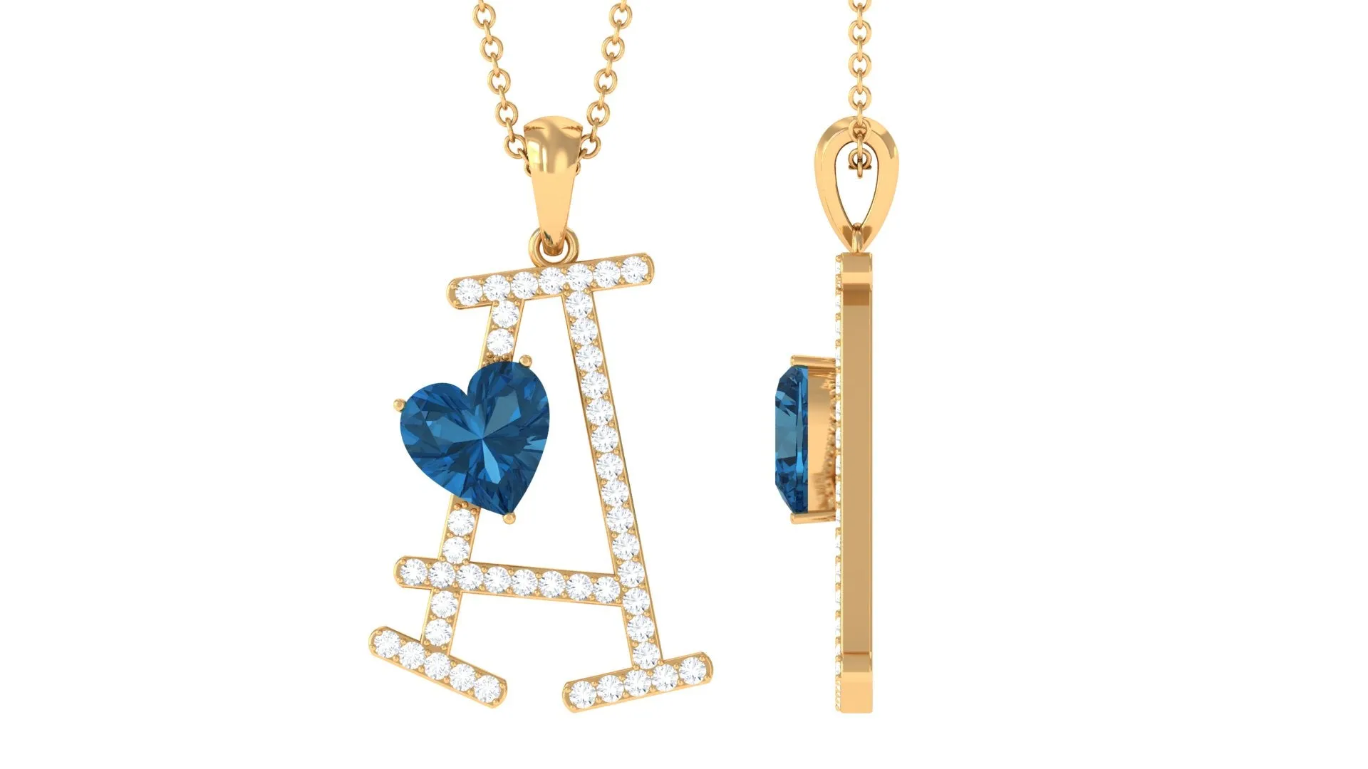 Heart Initial A Pendant with London Blue Topaz and Diamond