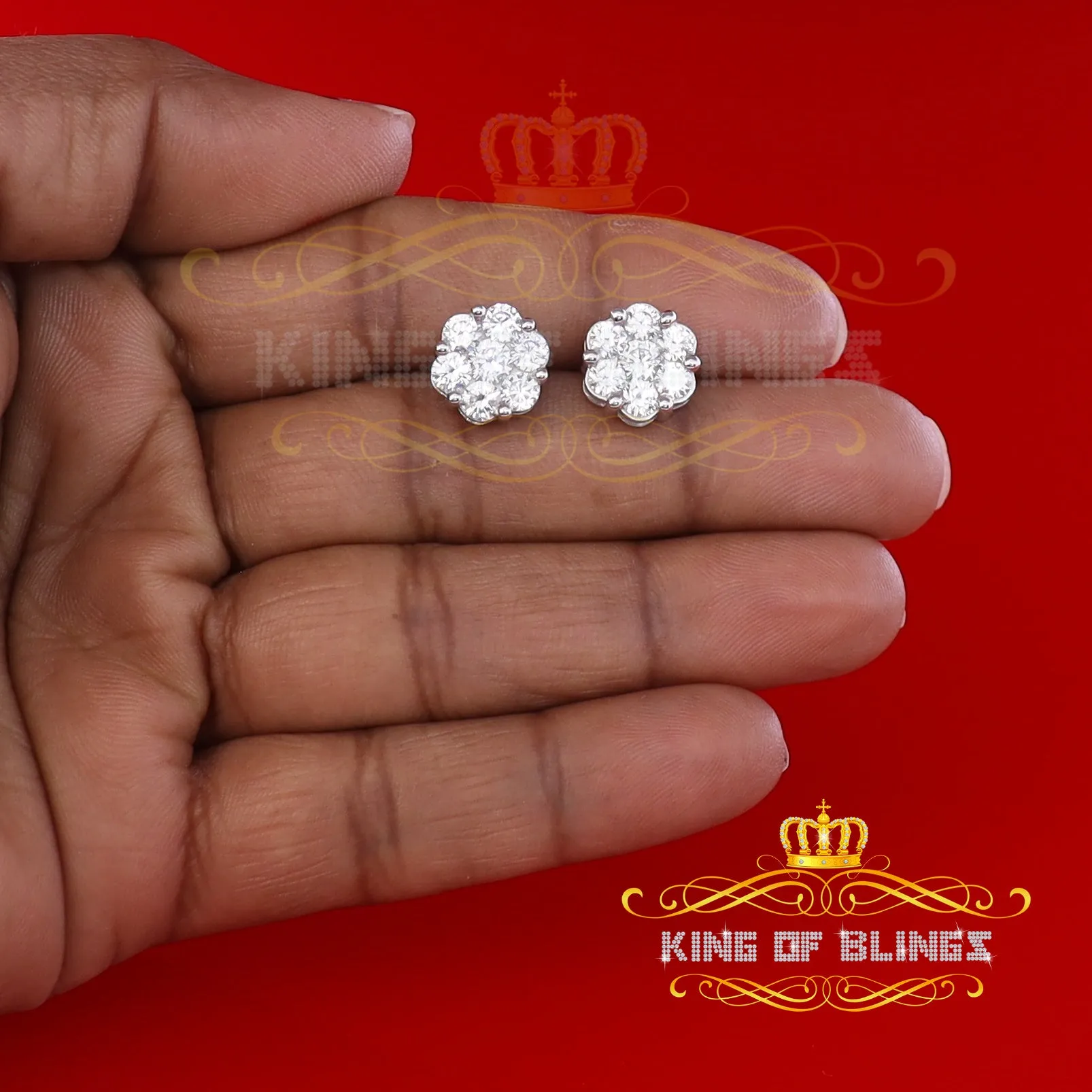 King of Blings- 925 White Sterling Silver 0.96ct Cubic Zirconia Women's Hip Hop Floral Earrings