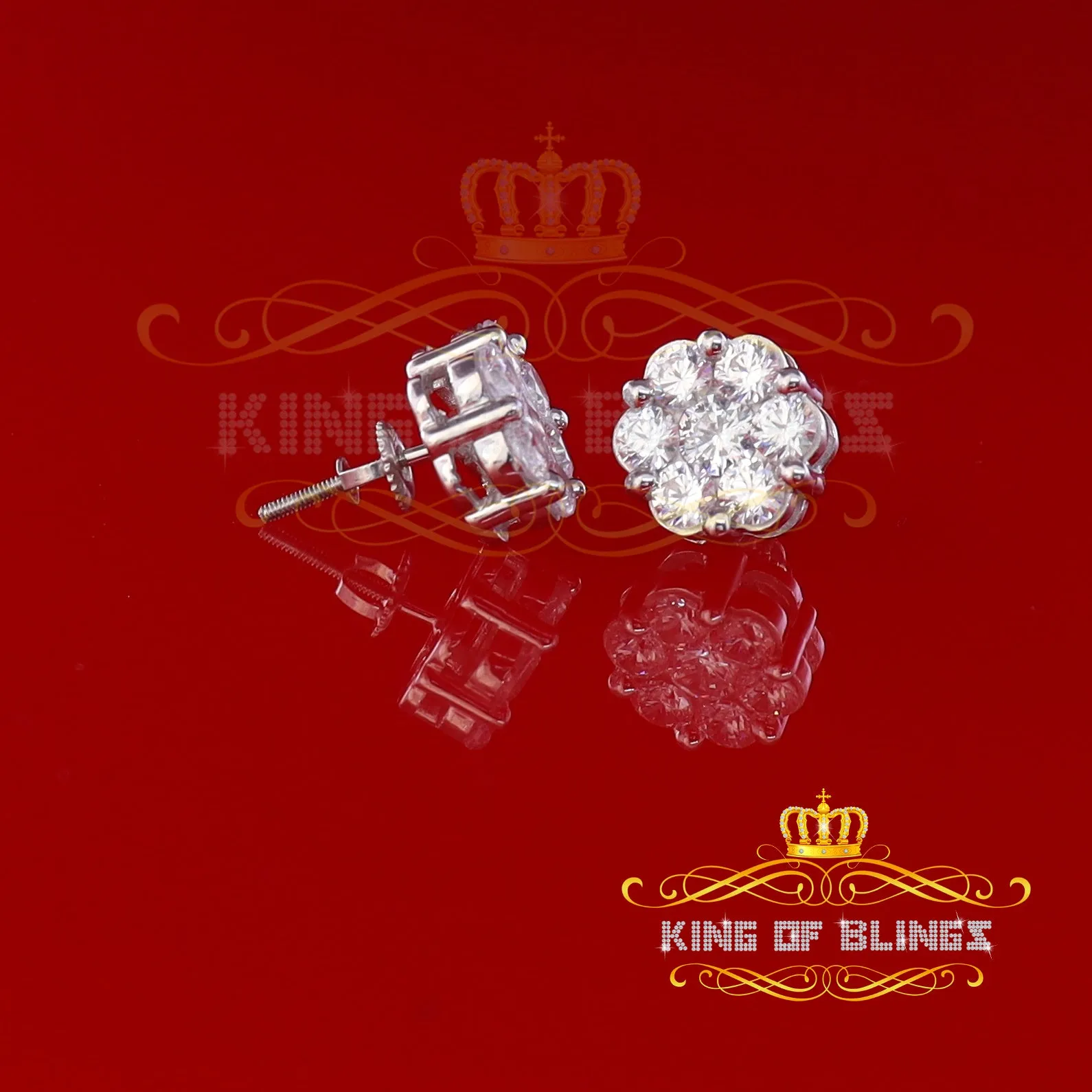 King of Blings- 925 White Sterling Silver 0.96ct Cubic Zirconia Women's Hip Hop Floral Earrings