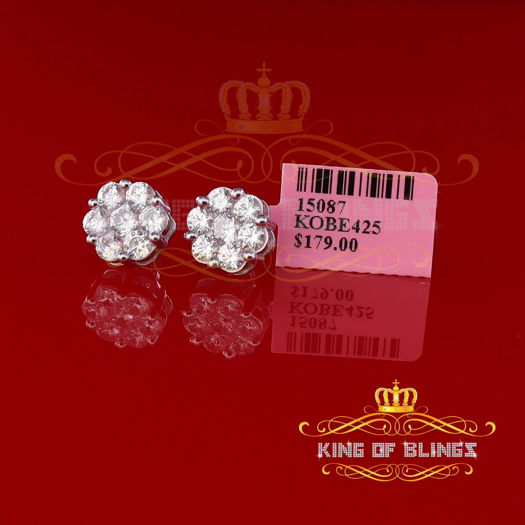 King of Blings- 925 White Sterling Silver 0.96ct Cubic Zirconia Women's Hip Hop Floral Earrings