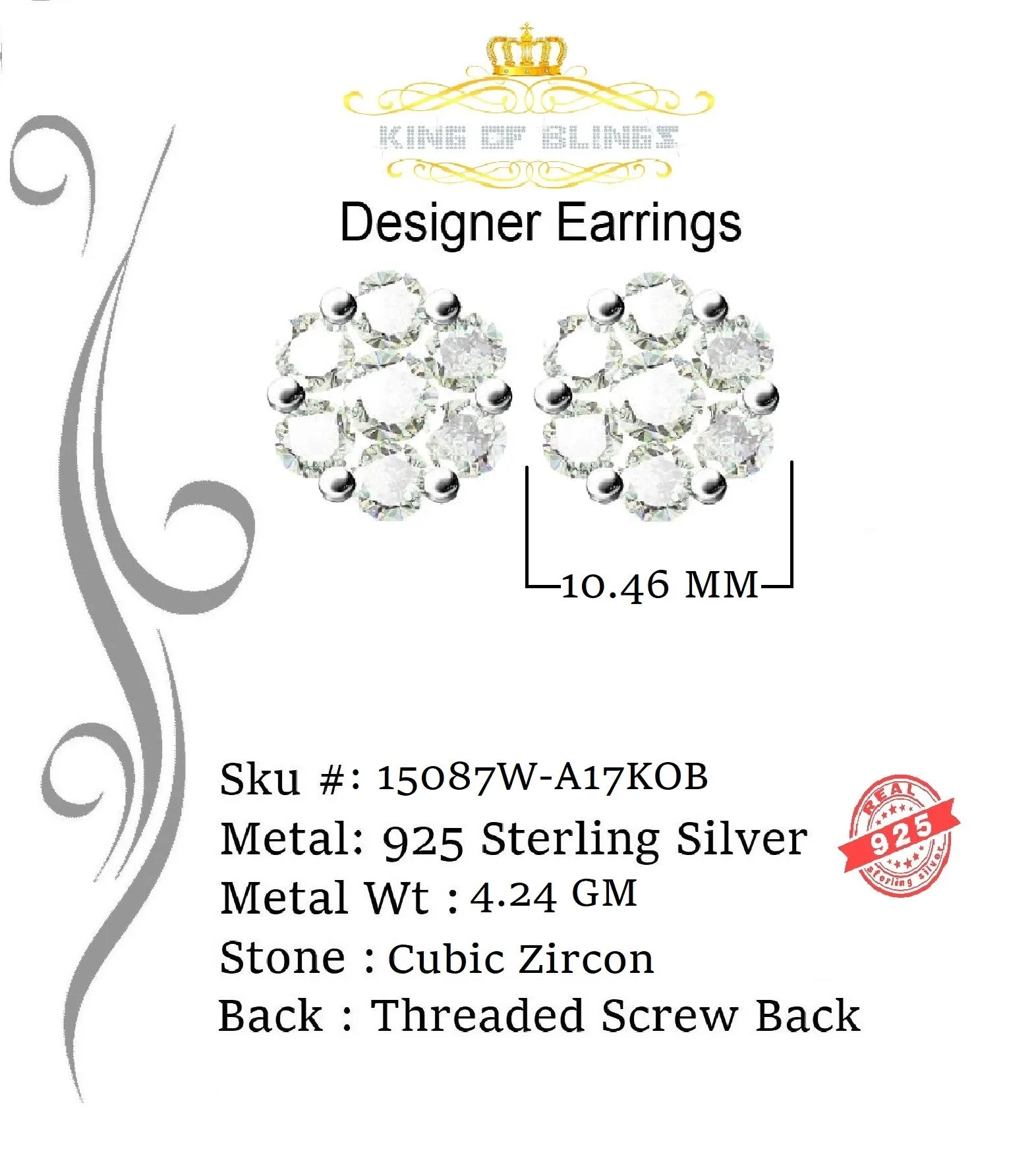 King of Blings- 925 White Sterling Silver 0.96ct Cubic Zirconia Women's Hip Hop Floral Earrings
