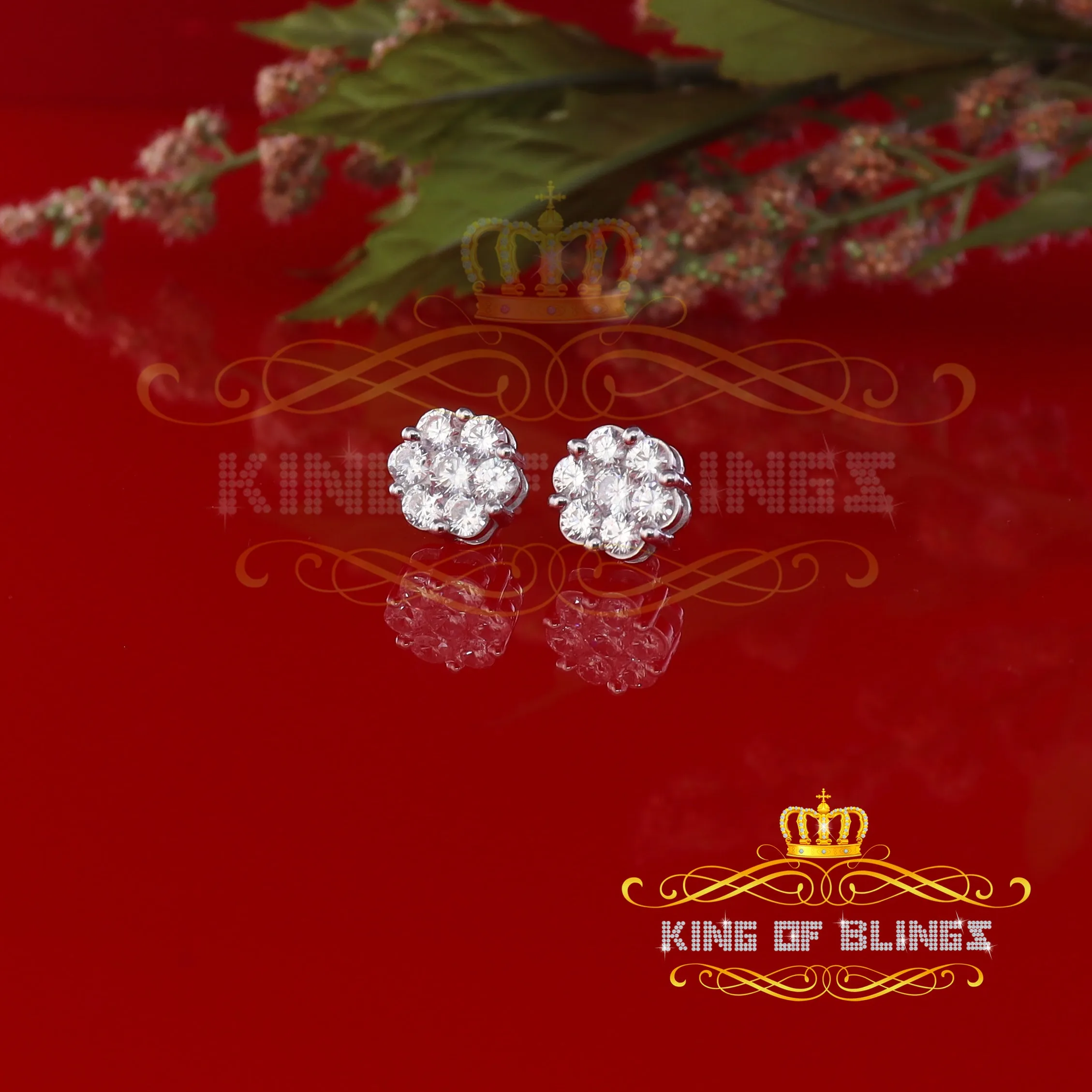 King of Blings- 925 White Sterling Silver 0.96ct Cubic Zirconia Women's Hip Hop Floral Earrings