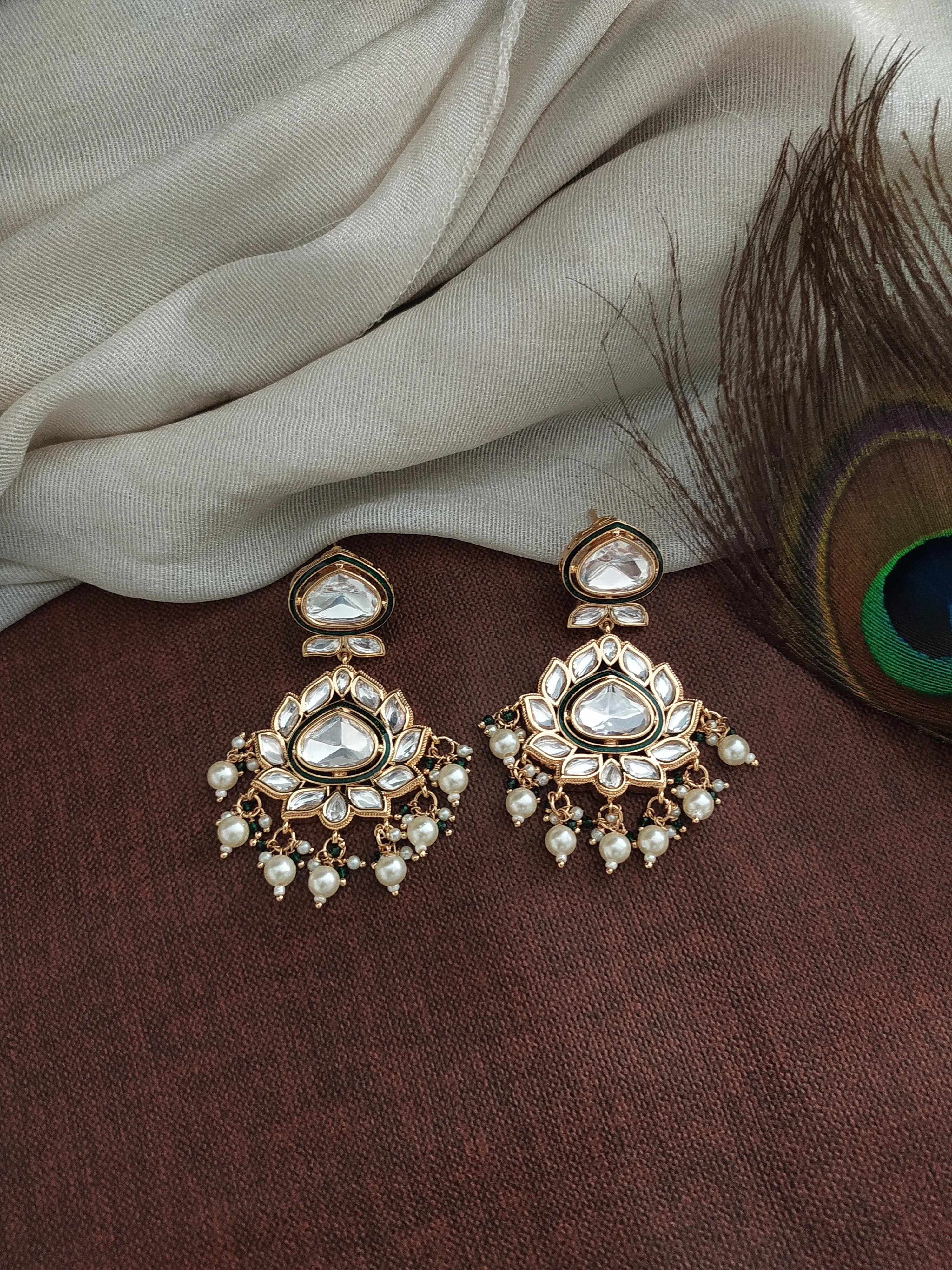 Kundan Emerald-Meenakari Work Long Haram Set with White Kundan Stones & Pearl Drops