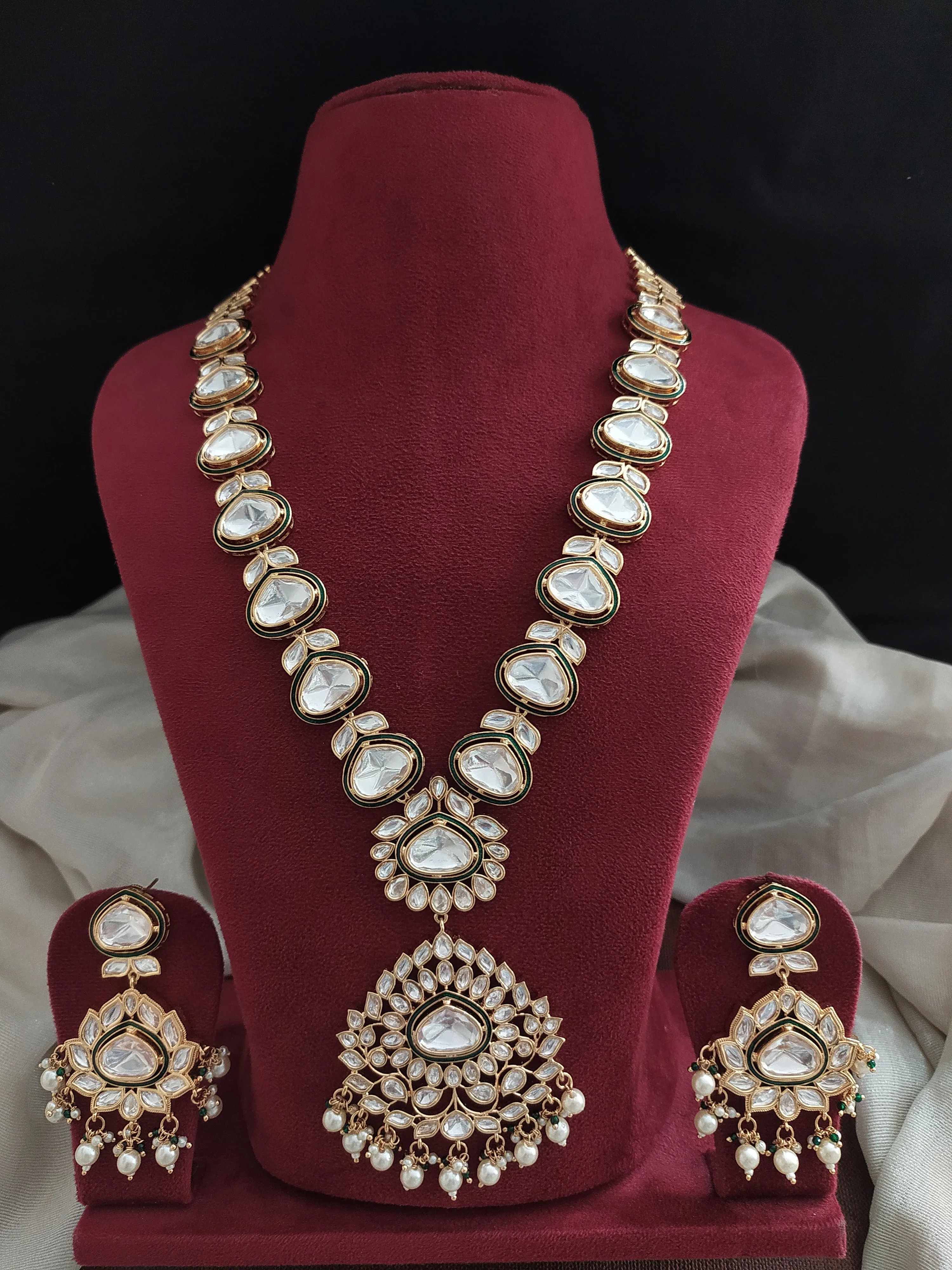 Kundan Emerald-Meenakari Work Long Haram Set with White Kundan Stones & Pearl Drops