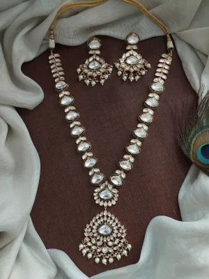 Kundan Emerald-Meenakari Work Long Haram Set with White Kundan Stones & Pearl Drops