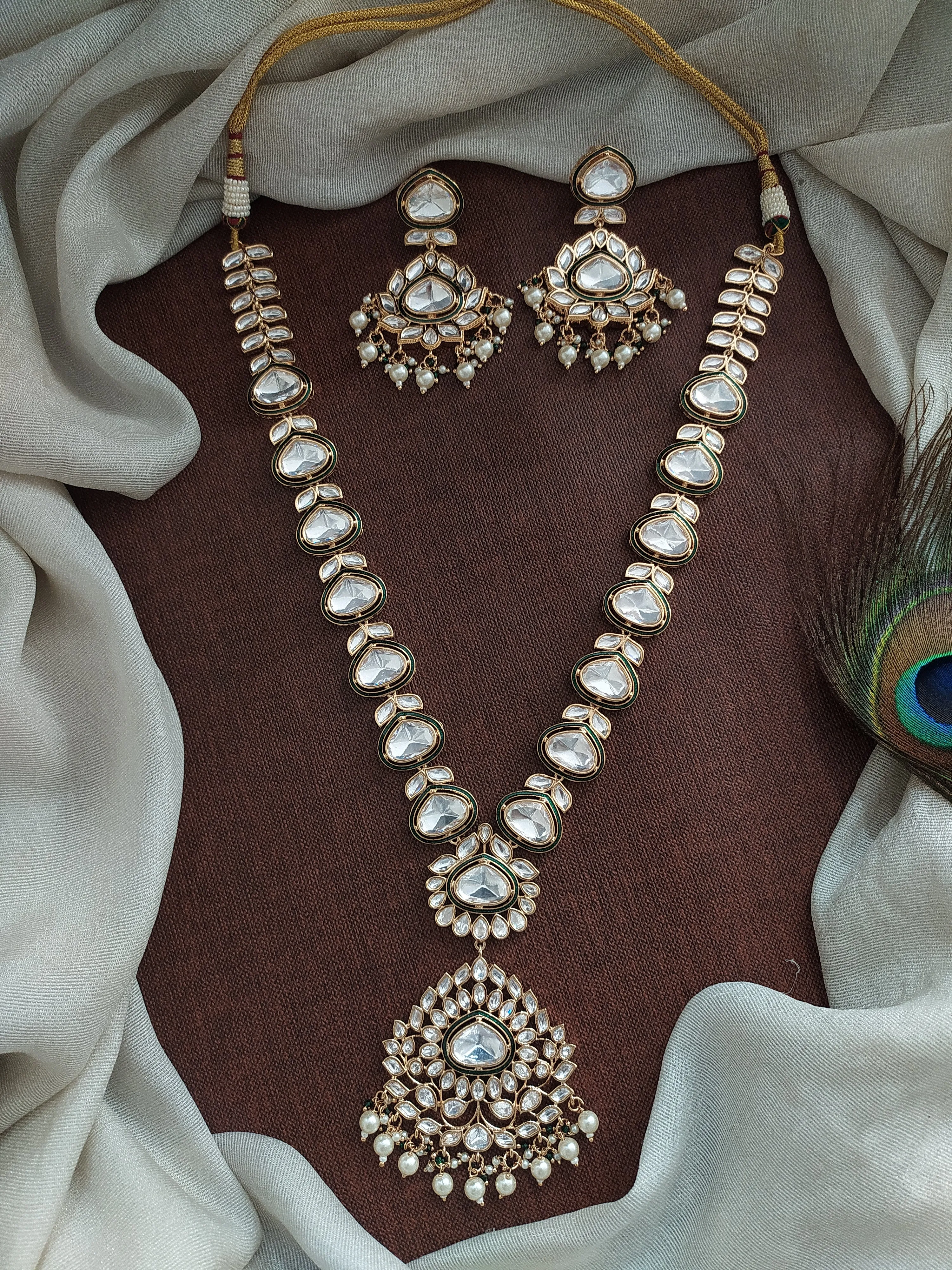 Kundan Emerald-Meenakari Work Long Haram Set with White Kundan Stones & Pearl Drops