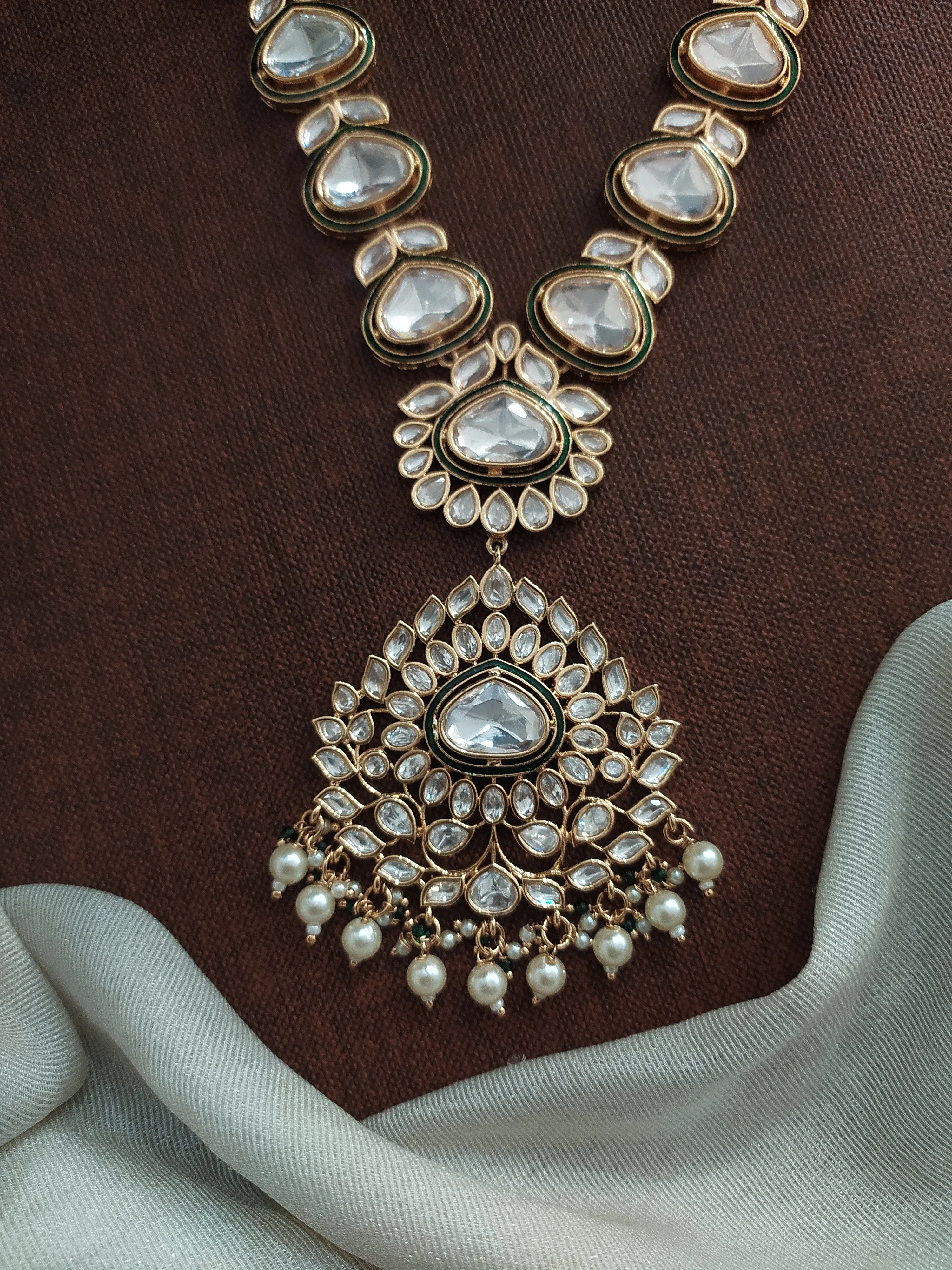Kundan Emerald-Meenakari Work Long Haram Set with White Kundan Stones & Pearl Drops