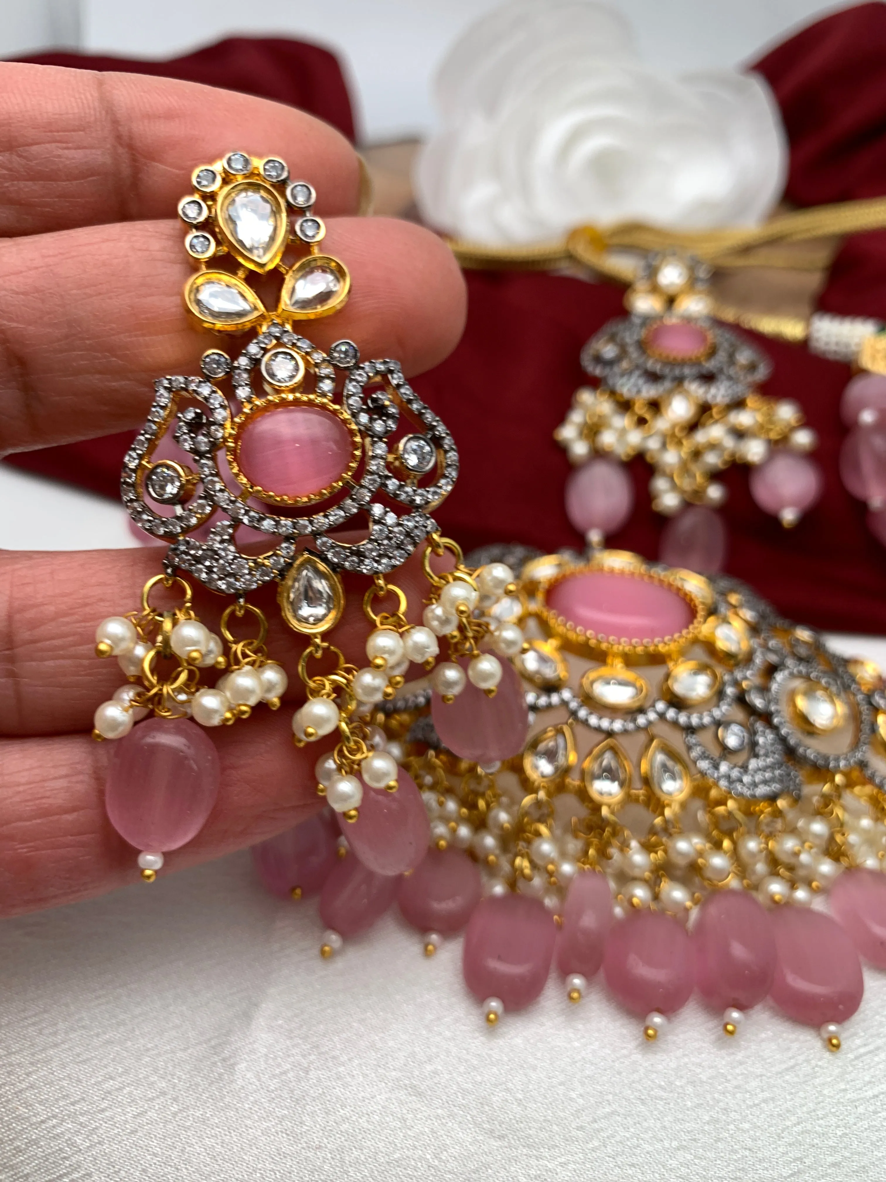 Kundan Pink Stone CZ Dual Tone Pendent Pink Beads Choker