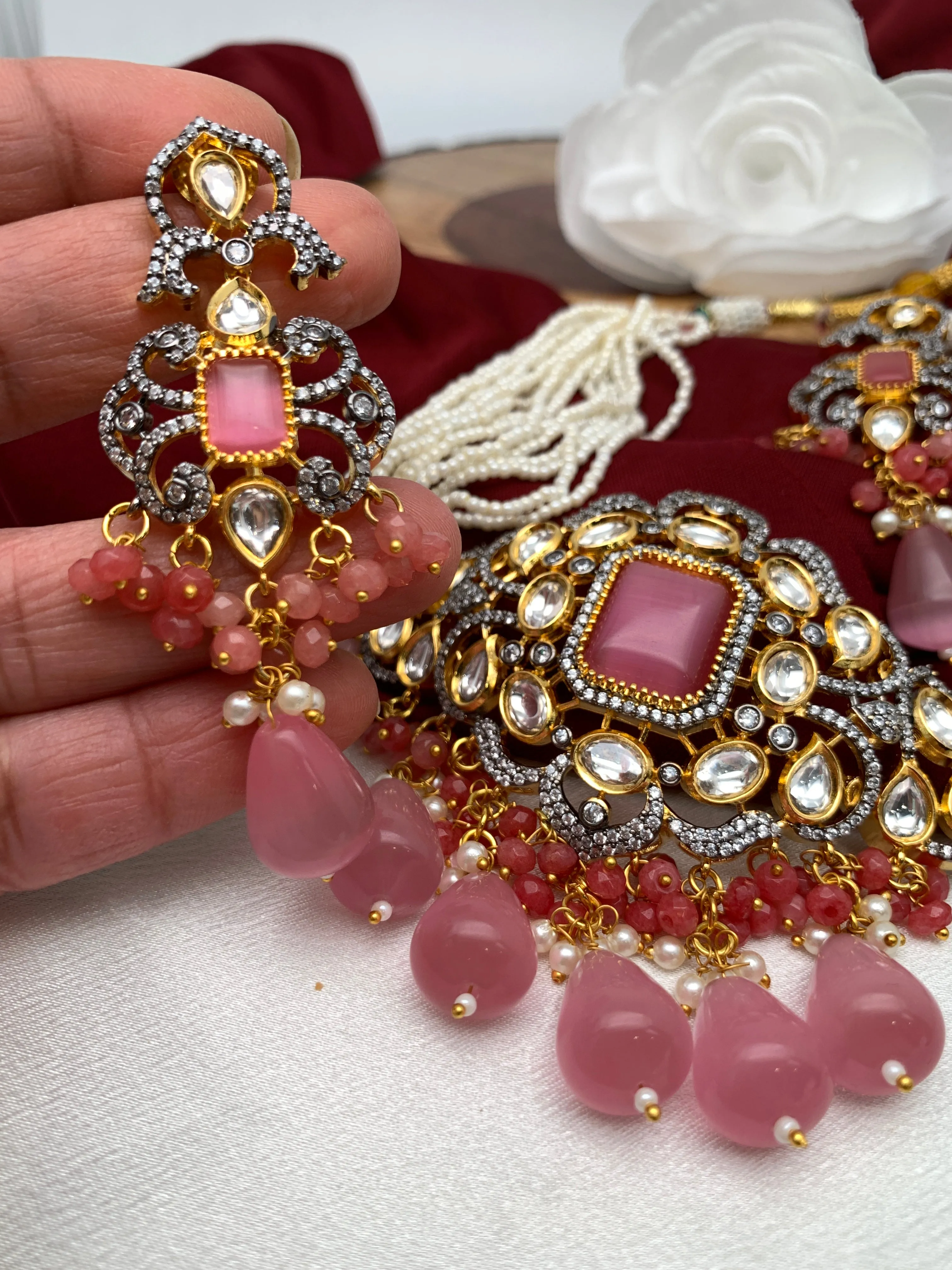 Kundan Pink Stone CZ Dual Tone Pendent White Hydro Beads Choker