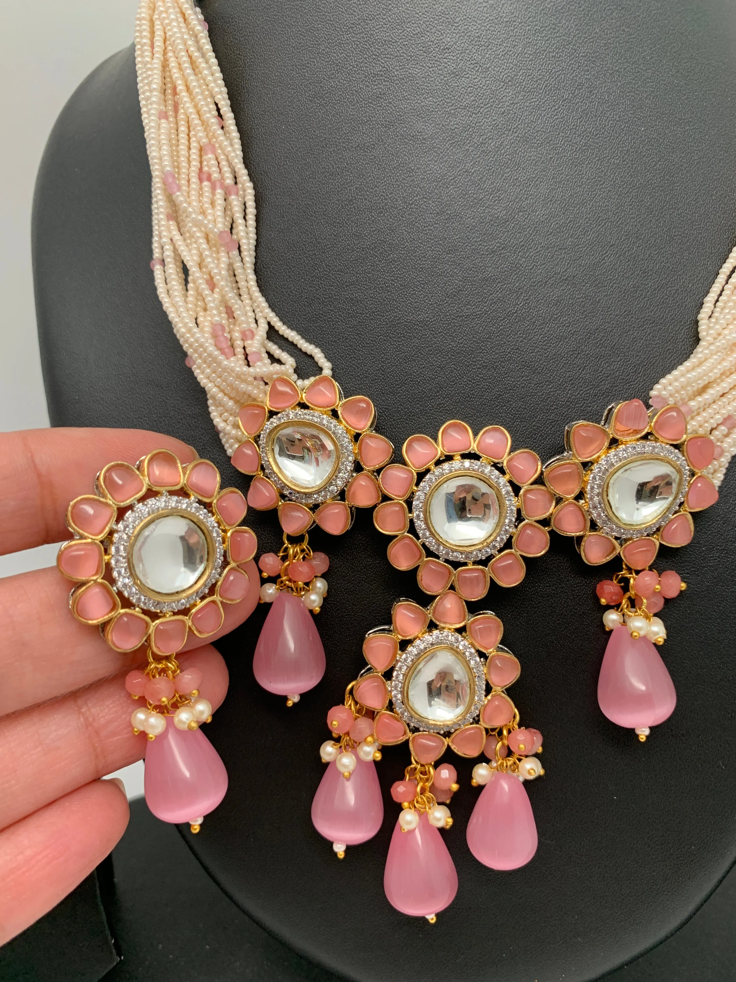 Kundan Pink Stone with Sugar Beads Dual Polish Choker