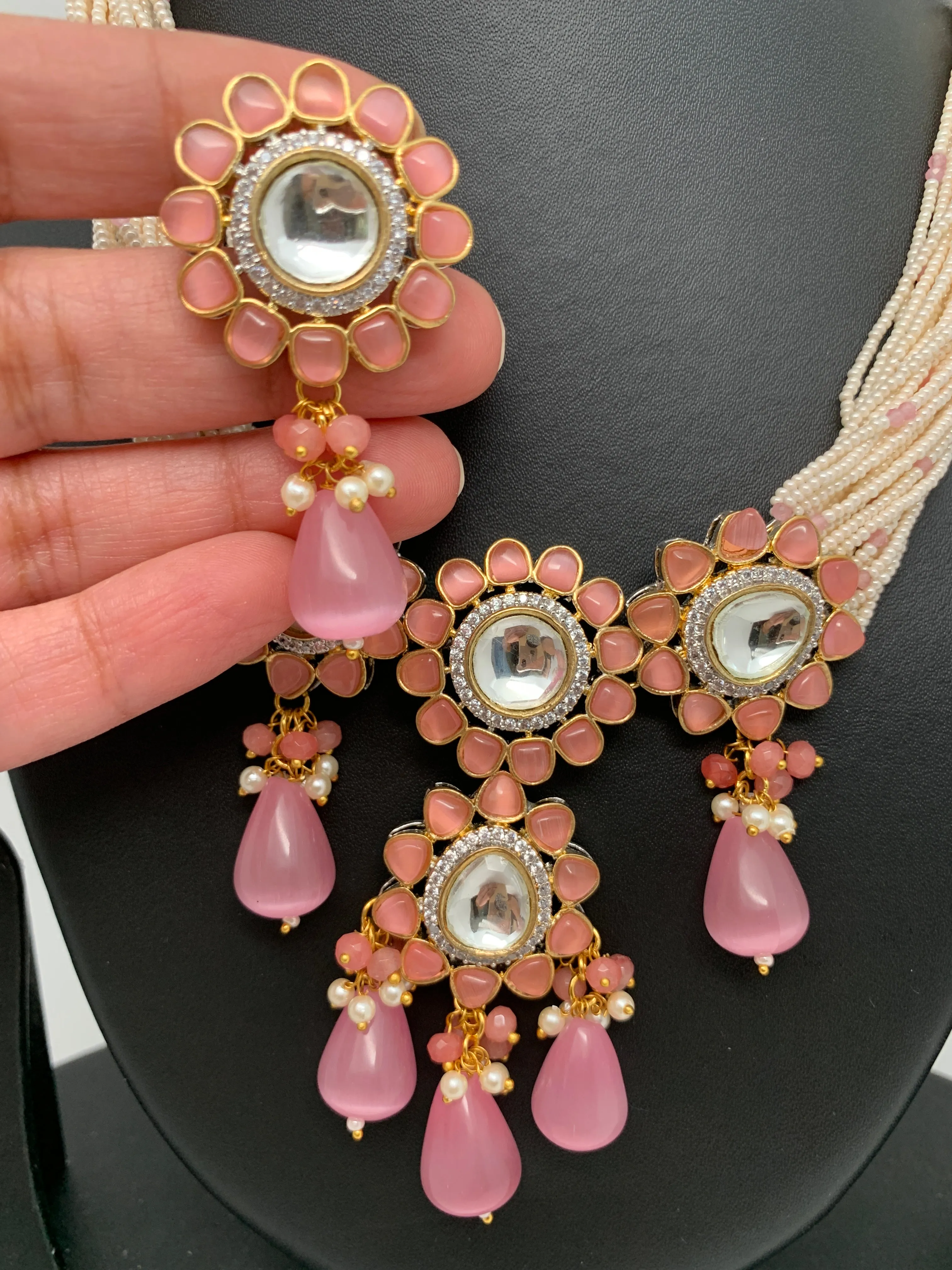 Kundan Pink Stone with Sugar Beads Dual Polish Choker