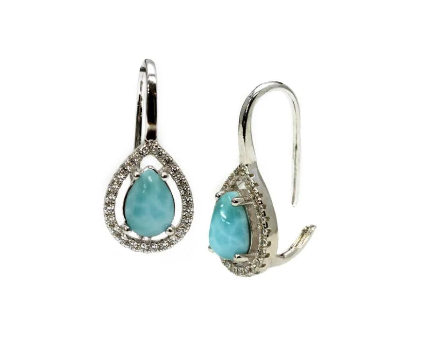 Larimar Pear Shaped Lever-back Earrings with White Sapphire Accents