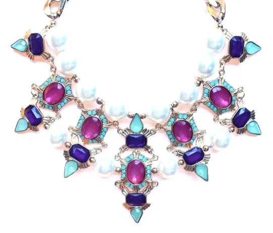Luxe Chunky Pearl & Deco Jeweled Statement Necklace- Pink/Purple/Mint