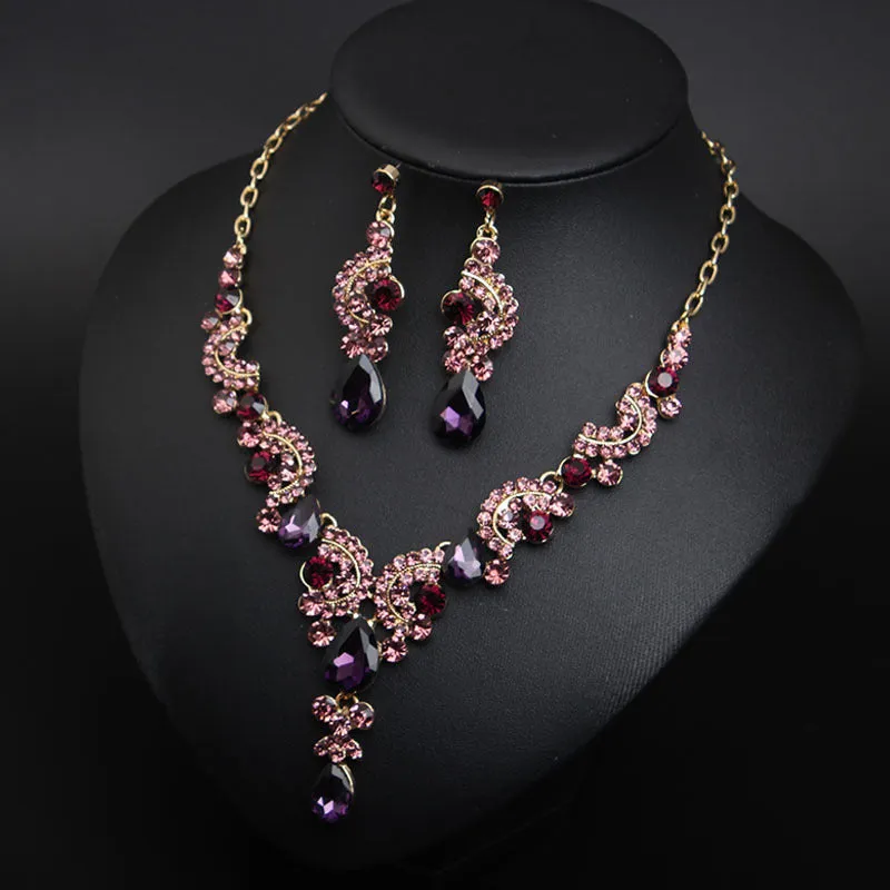 Luxury Women Rhinestone Pendant Chain Necklace Stud Earrings Wedding Jewelry Set Jewelry fashion Accessories
