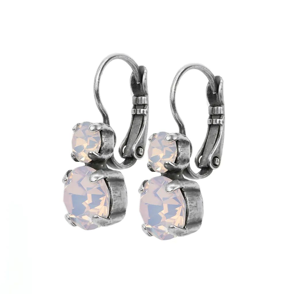 Medium Double Stone Leverback Earrings in "Rose Water Opal" - Antique Silver