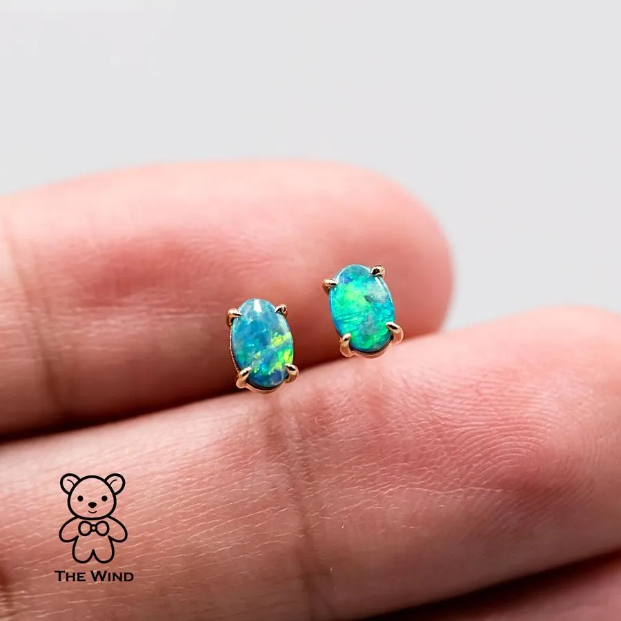 Minimalist Bright Australian Doublet Opal Oval Stud Earrings 18K Yellow Gold