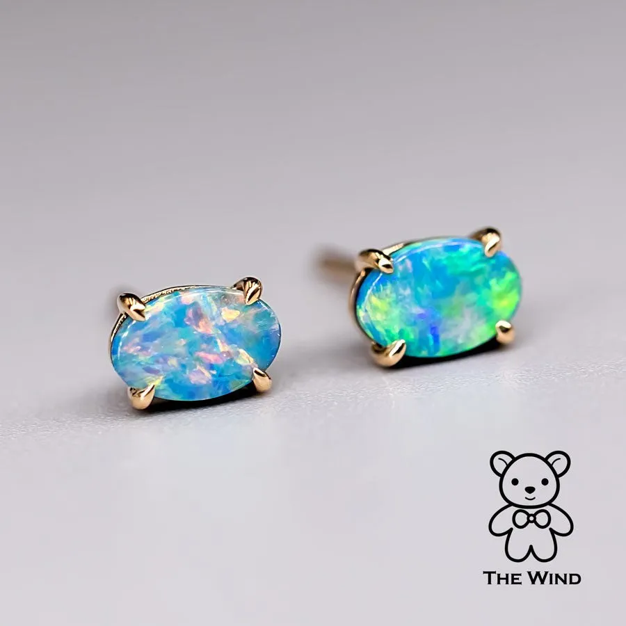 Minimalist Bright Australian Doublet Opal Oval Stud Earrings 18K Yellow Gold