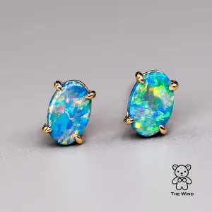 Minimalist Bright Australian Doublet Opal Oval Stud Earrings 18K Yellow Gold