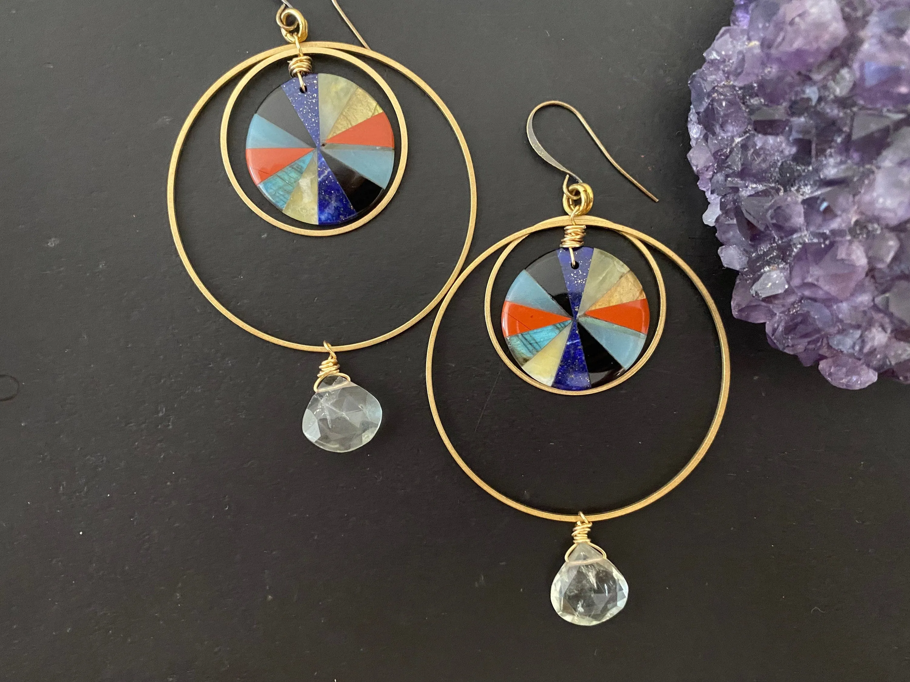 Mix stone earrings, intarsia earrings, statement earrings ,natural stone earrings, brass hoops