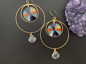 Mix stone earrings, intarsia earrings, statement earrings ,natural stone earrings, brass hoops