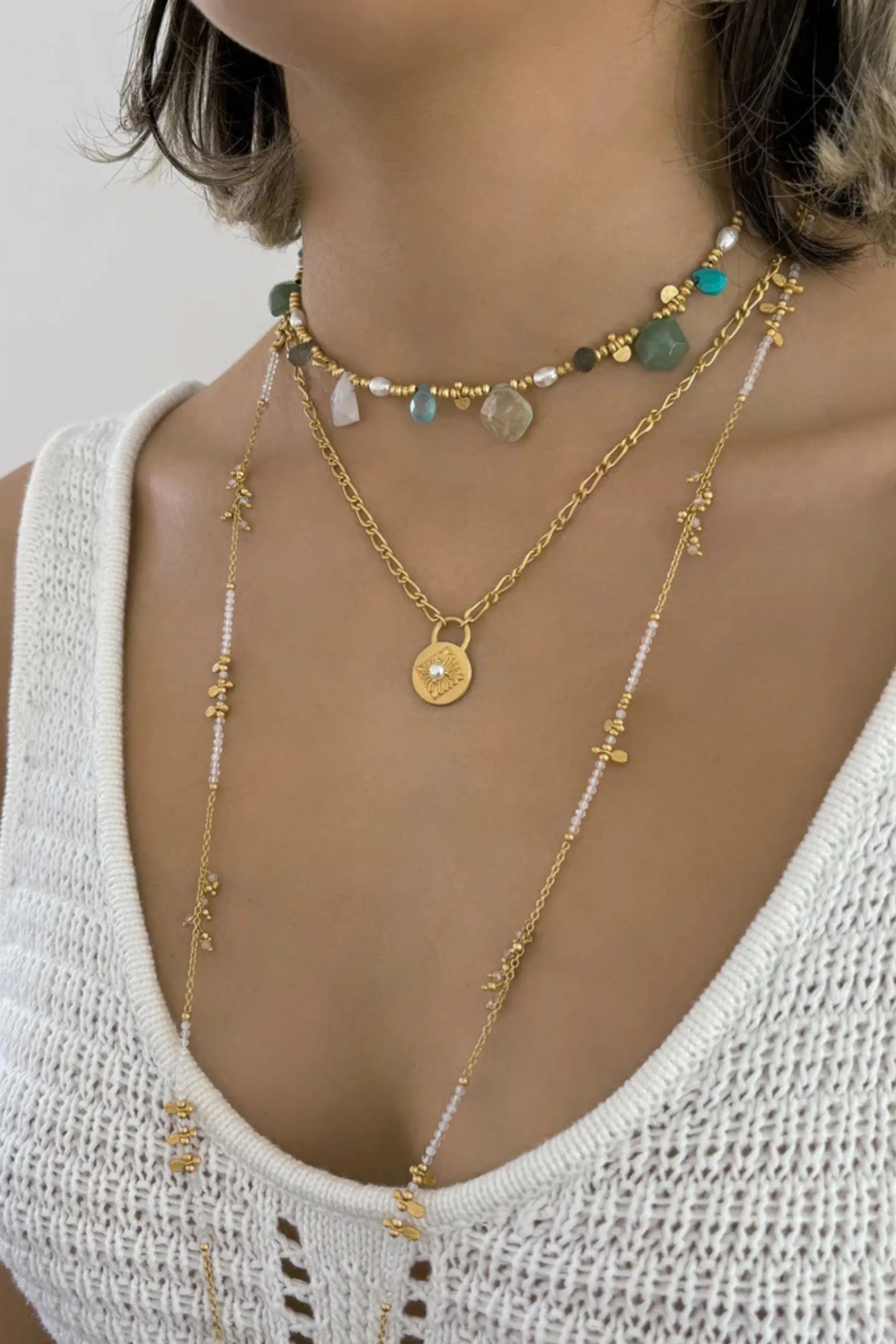 Moonstone, Green Aventurine, Turquoise, Pearl Necklace
