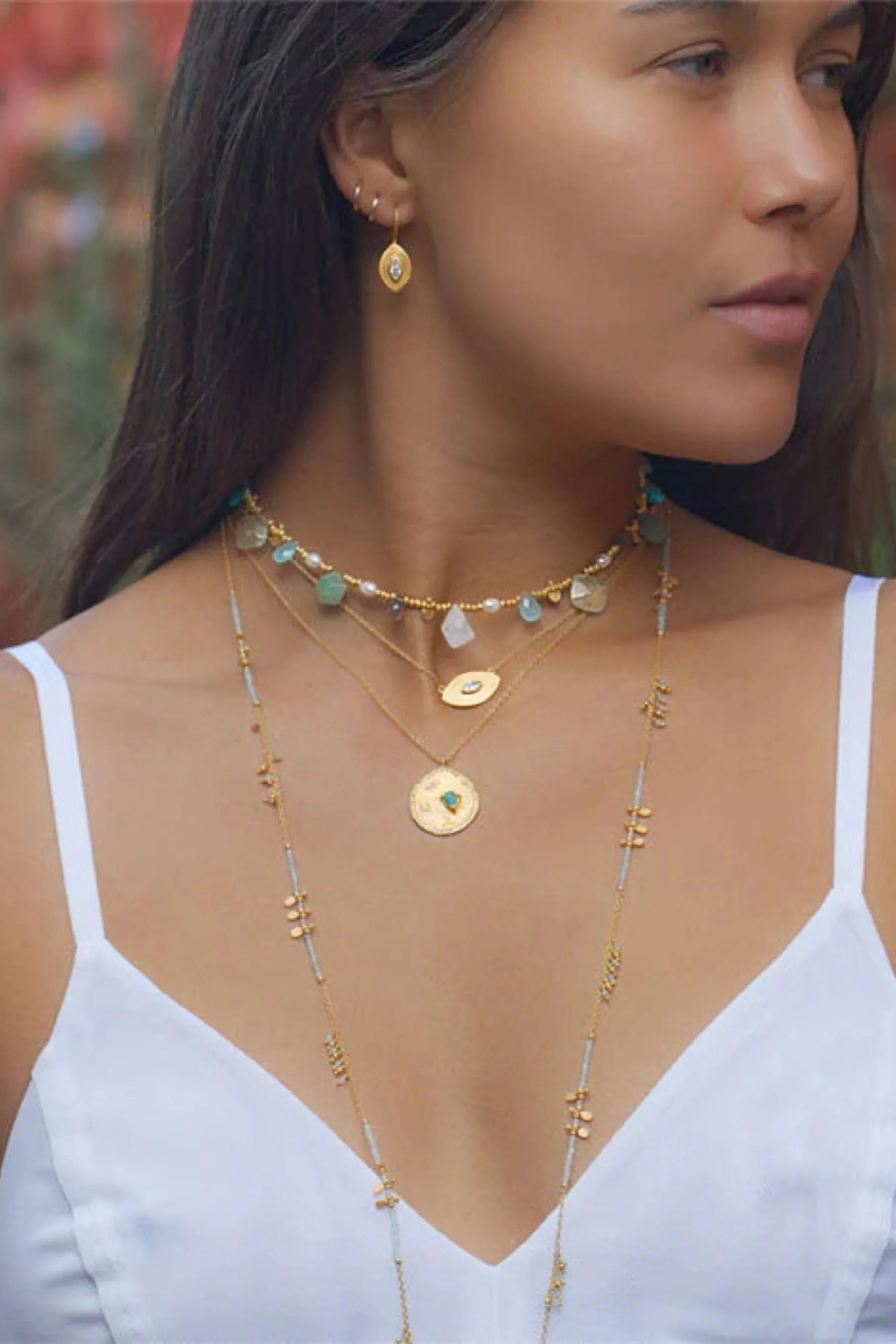 Moonstone, Green Aventurine, Turquoise, Pearl Necklace