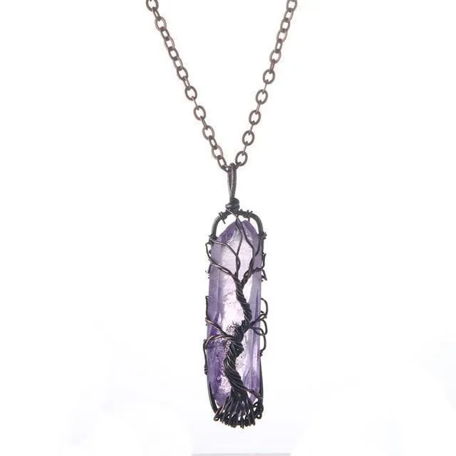 Natural and Rainbow Stone Tree of Life Necklace Crystal Chakra Protection Necklace