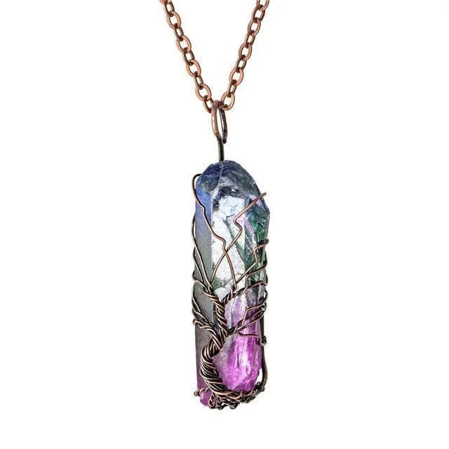 Natural and Rainbow Stone Tree of Life Necklace Crystal Chakra Protection Necklace