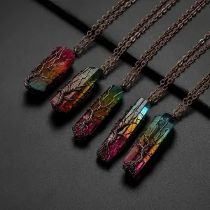 Natural and Rainbow Stone Tree of Life Necklace Crystal Chakra Protection Necklace