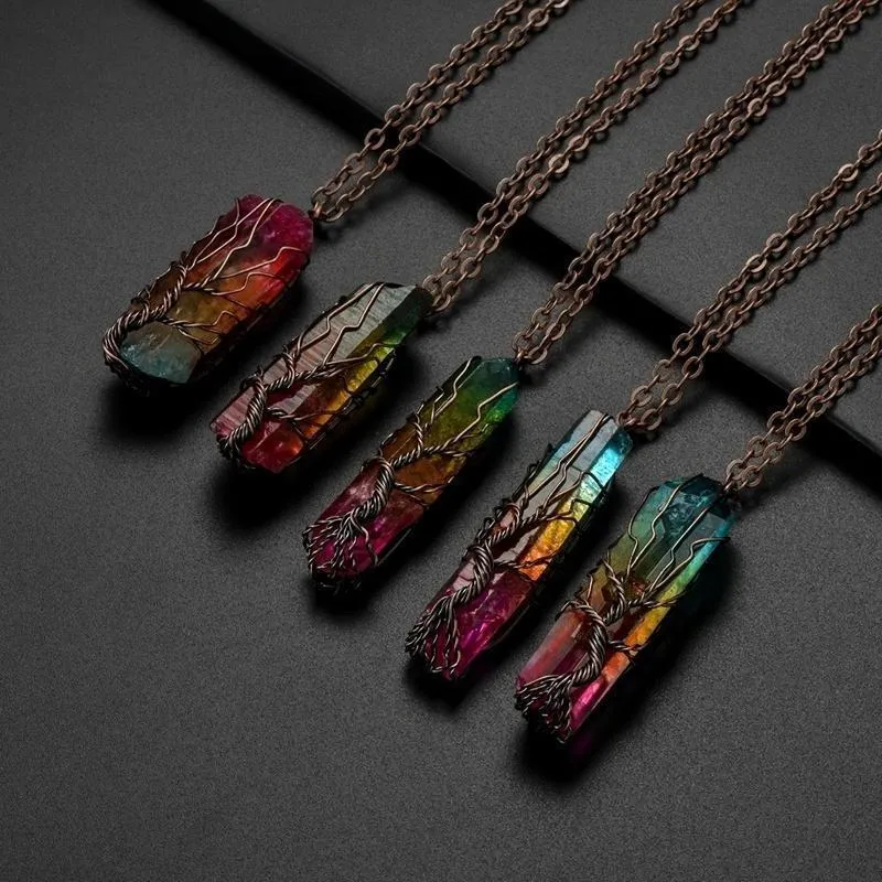 Natural and Rainbow Stone Tree of Life Necklace Crystal Chakra Protection Necklace