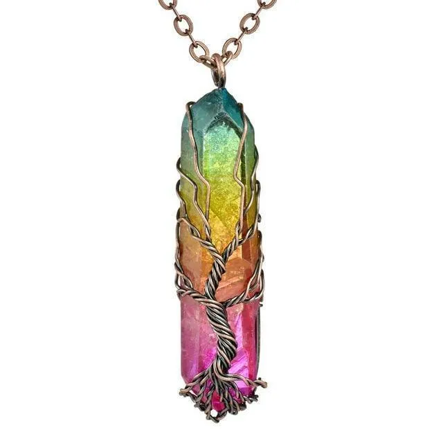 Natural and Rainbow Stone Tree of Life Necklace Crystal Chakra Protection Necklace