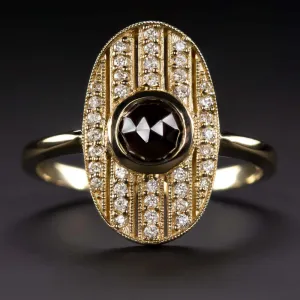 NATURAL DIAMOND BLACK SPINEL COCKTAIL RING YELLOW GOLD OVAL SHAPE VINTAGE STYLE