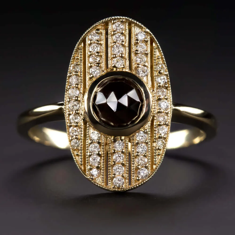NATURAL DIAMOND BLACK SPINEL COCKTAIL RING YELLOW GOLD OVAL SHAPE VINTAGE STYLE