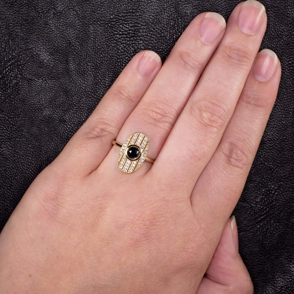 NATURAL DIAMOND BLACK SPINEL COCKTAIL RING YELLOW GOLD OVAL SHAPE VINTAGE STYLE