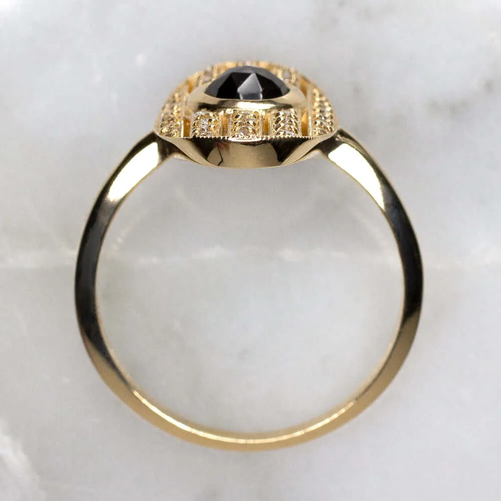 NATURAL DIAMOND BLACK SPINEL COCKTAIL RING YELLOW GOLD OVAL SHAPE VINTAGE STYLE