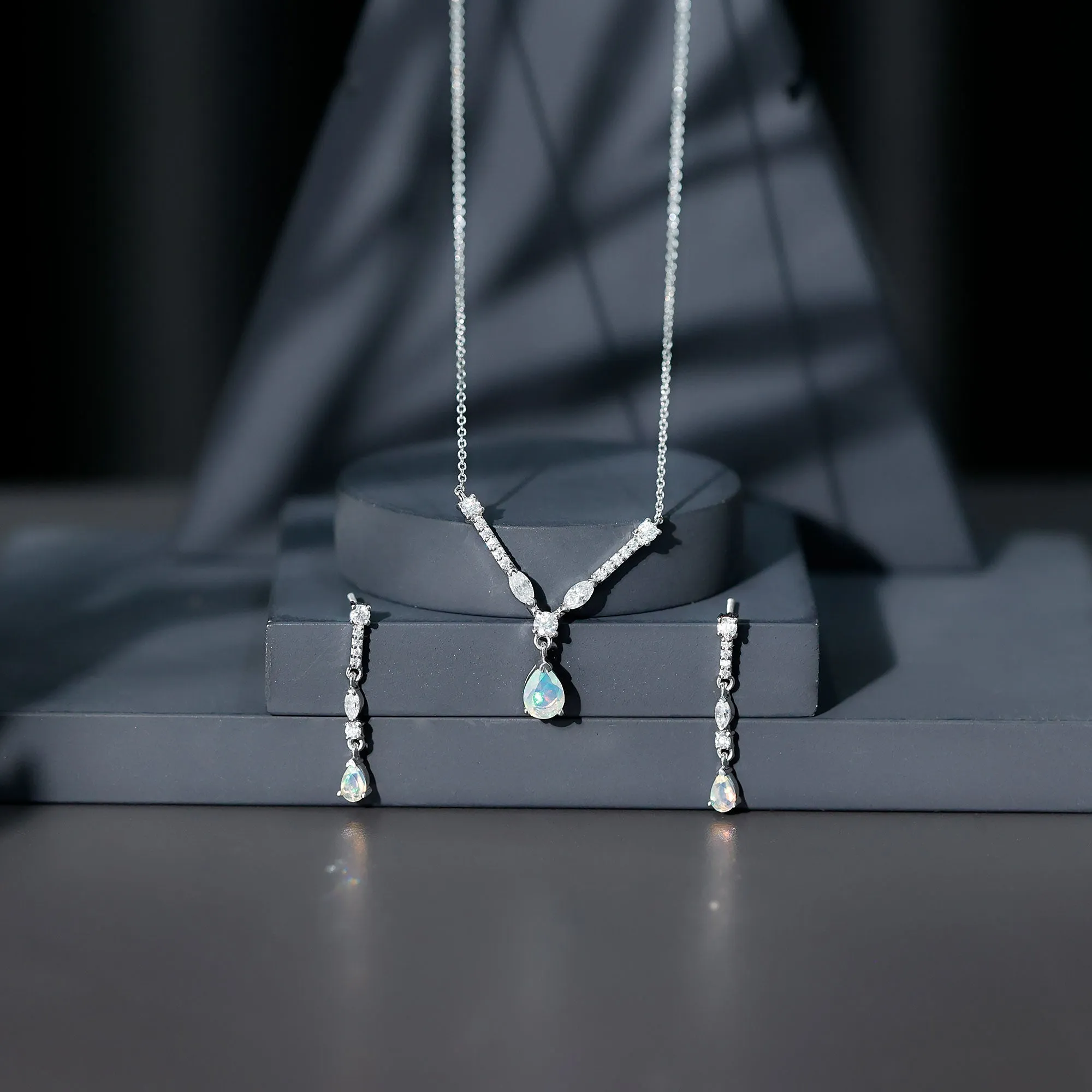 Natural Ethiopian Opal and Moissanite Teardrop Jewelry Set