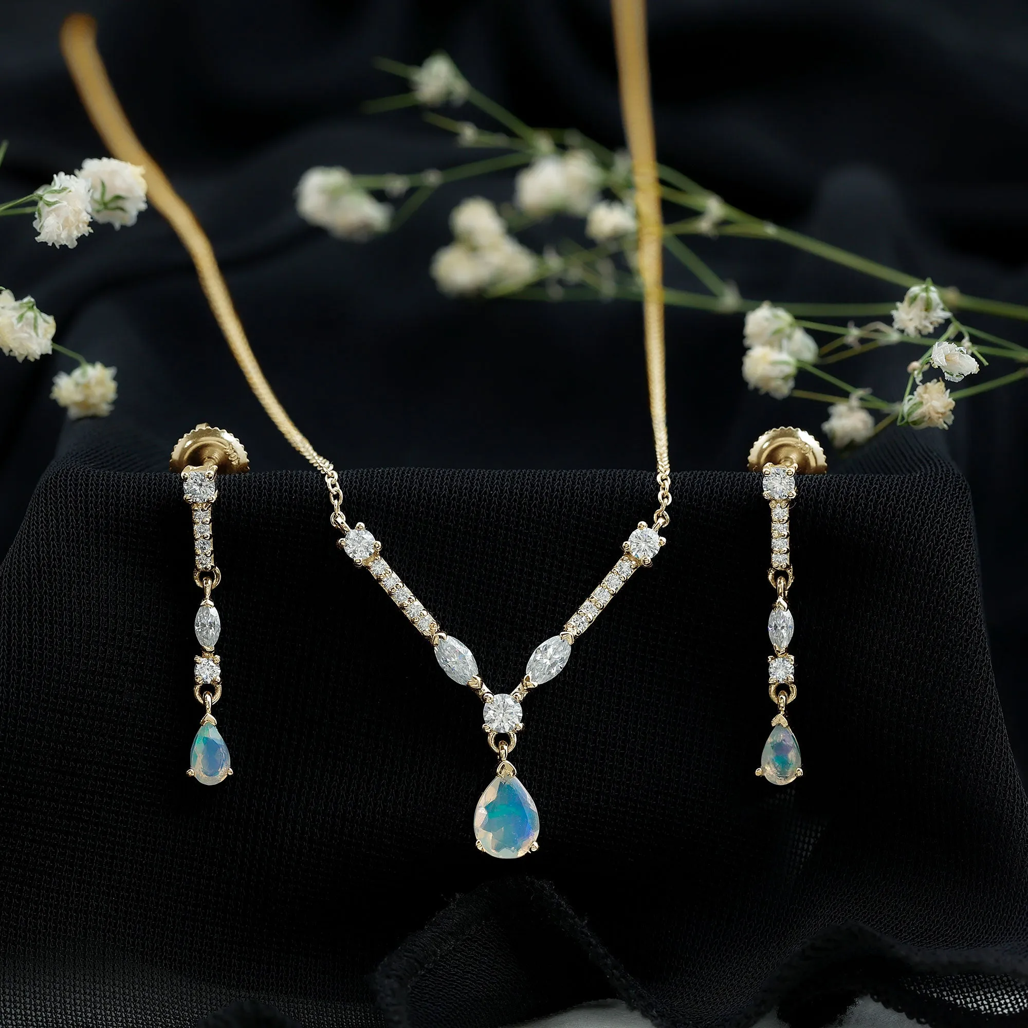 Natural Ethiopian Opal and Moissanite Teardrop Jewelry Set
