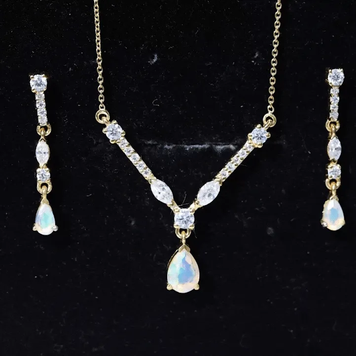 Natural Ethiopian Opal and Moissanite Teardrop Jewelry Set