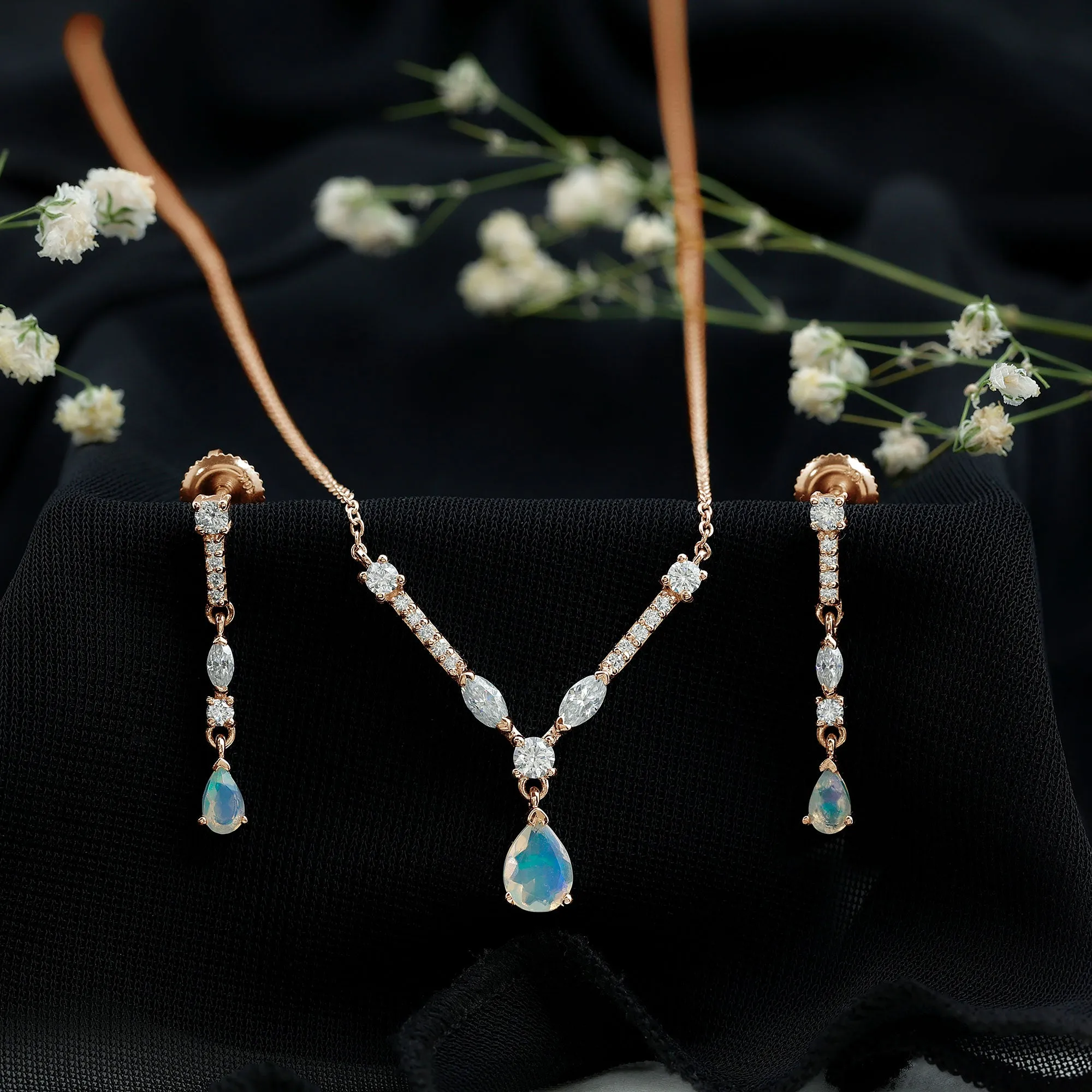 Natural Ethiopian Opal and Moissanite Teardrop Jewelry Set