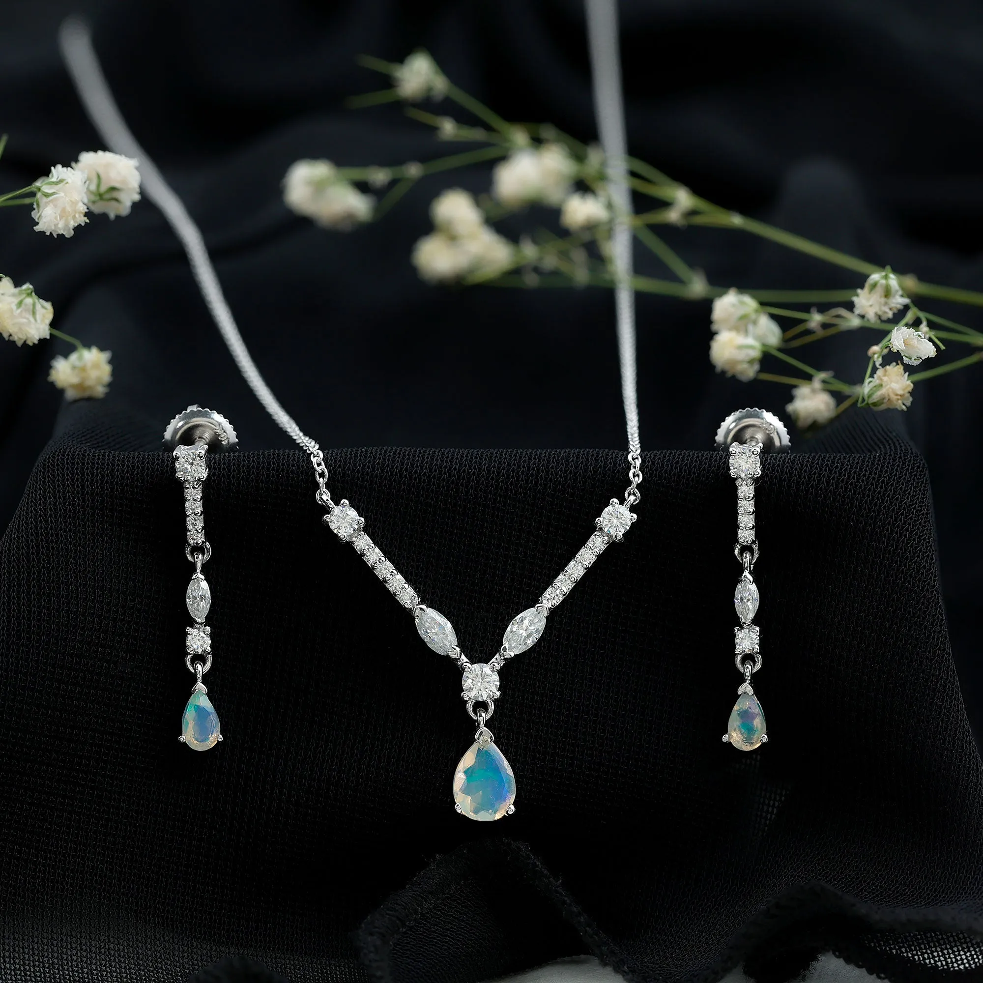 Natural Ethiopian Opal and Moissanite Teardrop Jewelry Set