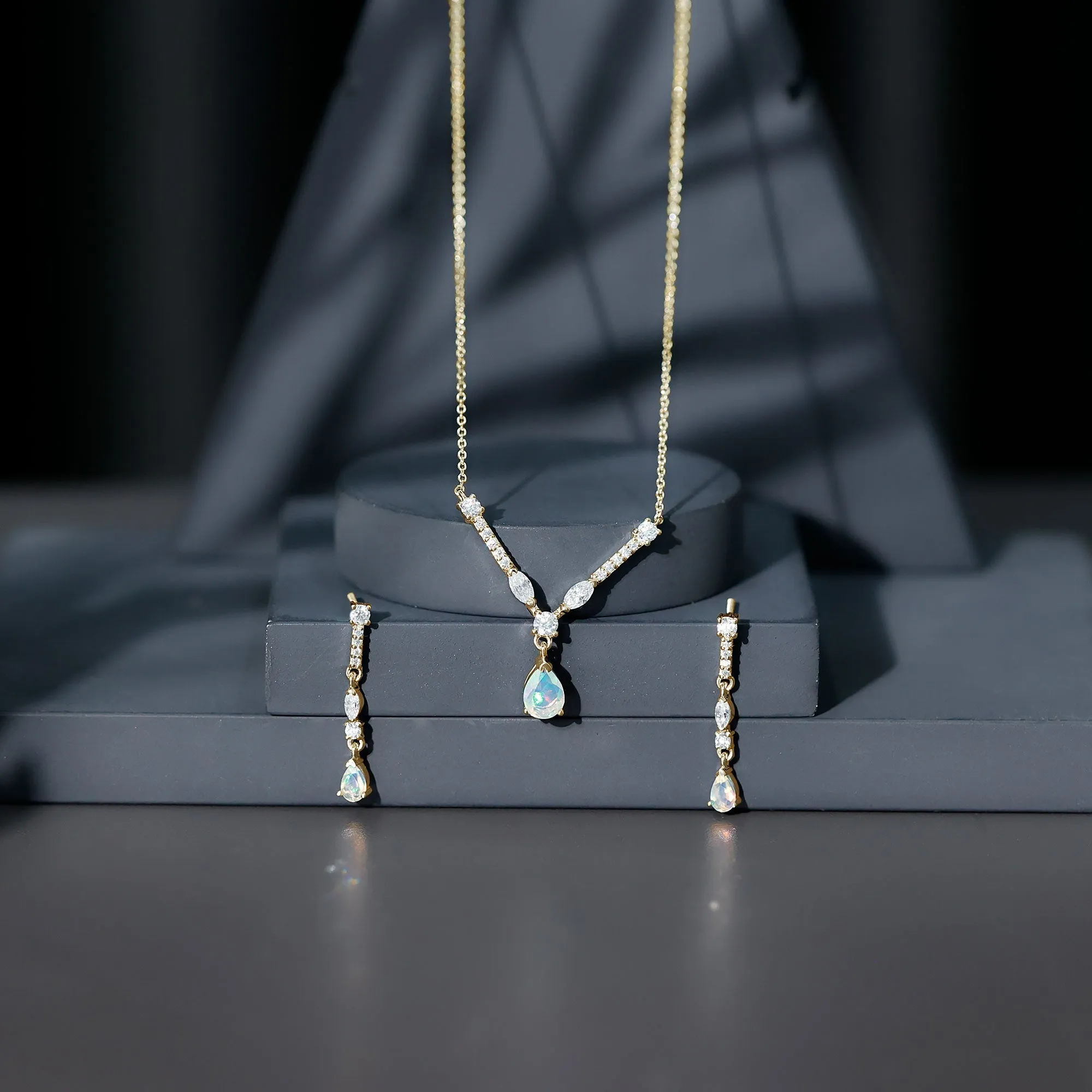 Natural Ethiopian Opal and Moissanite Teardrop Jewelry Set