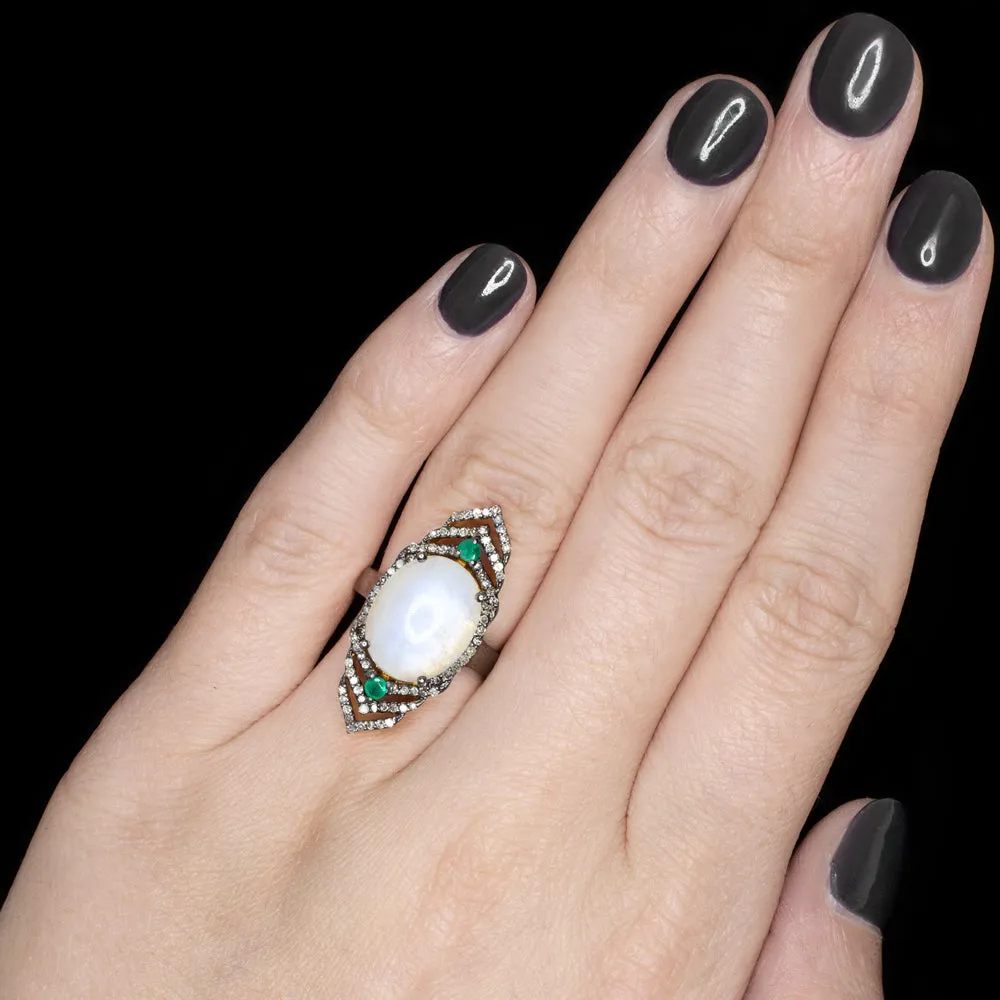 NATURAL MOONSTONE DIAMOND COCKTAIL RING CABOCHON BOHO STYLE STATEMENT BIG OVAL