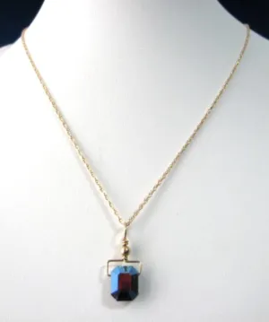 Necklace Iridized Austrian Crystal Pendant GF Chain Emerald Cut Blue Pink 1980s