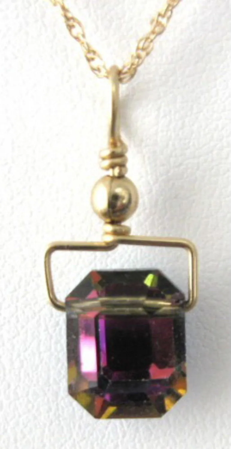 Necklace Iridized Austrian Crystal Pendant GF Chain Emerald Cut Blue Pink 1980s