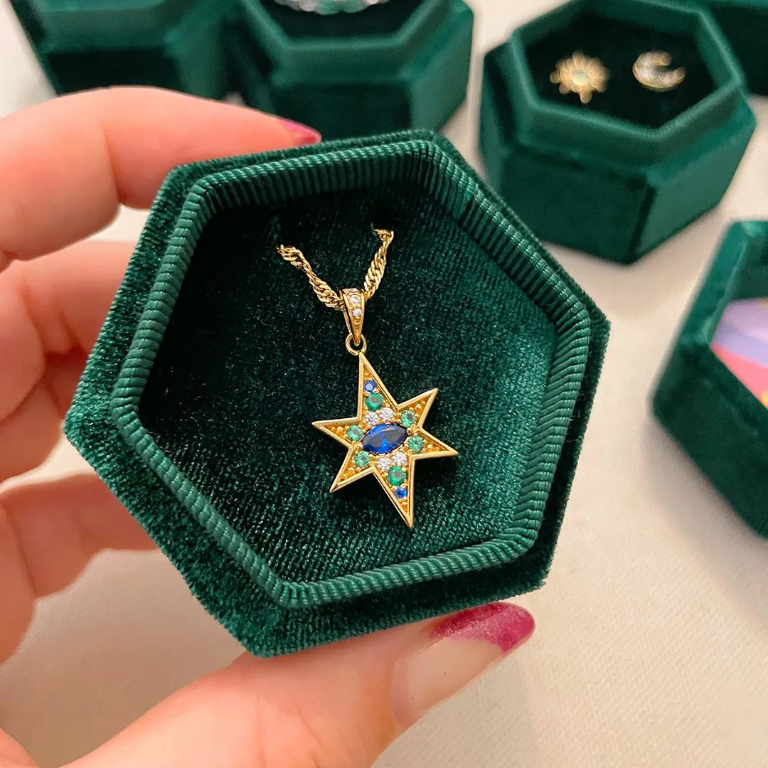 Nova North Star Necklace Sapphire, Emerald CZ and Gold