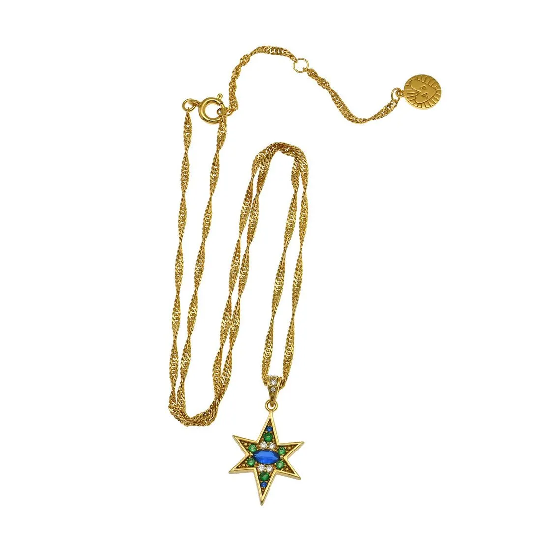 Nova North Star Necklace Sapphire, Emerald CZ and Gold