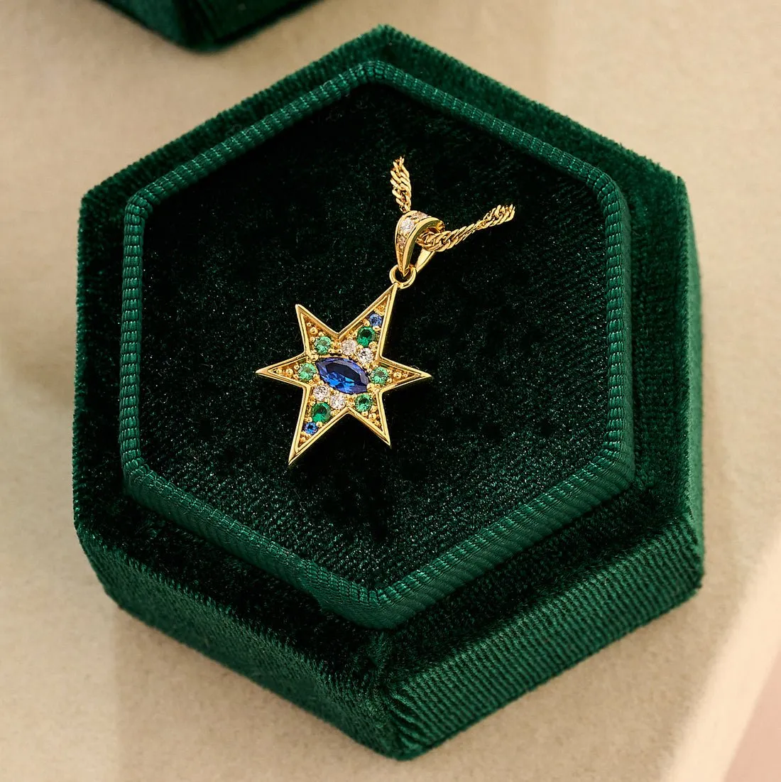 Nova North Star Necklace Sapphire, Emerald CZ and Gold
